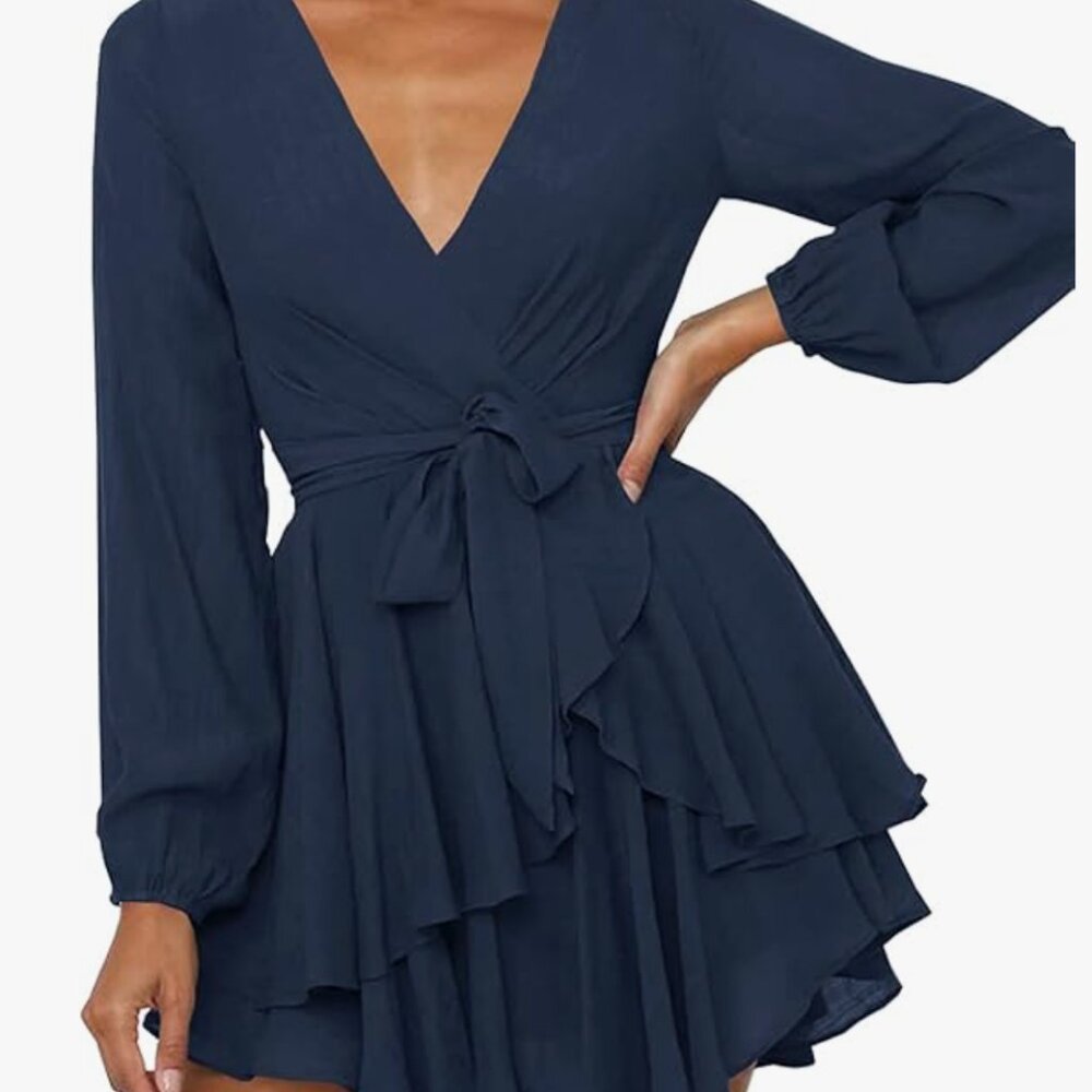Casual V Neck Long Puff Sleeve T Shirt Dress Summer High Waist Smocked Mini